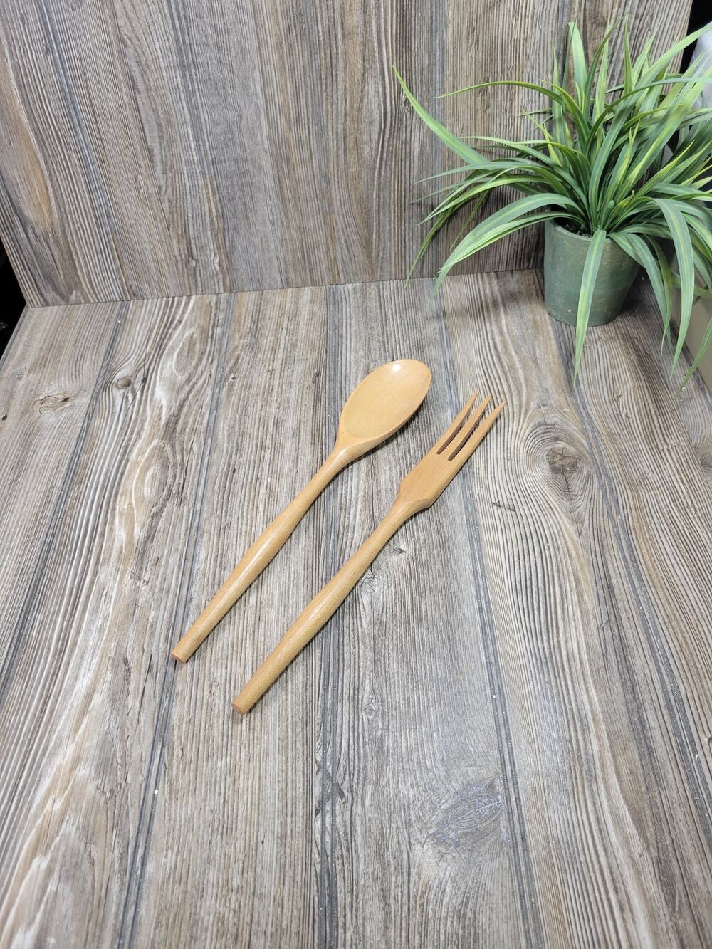 Vintage MCM Wooden Salad Servers 12" Wood Serving Fork Spoon Set Mid Century